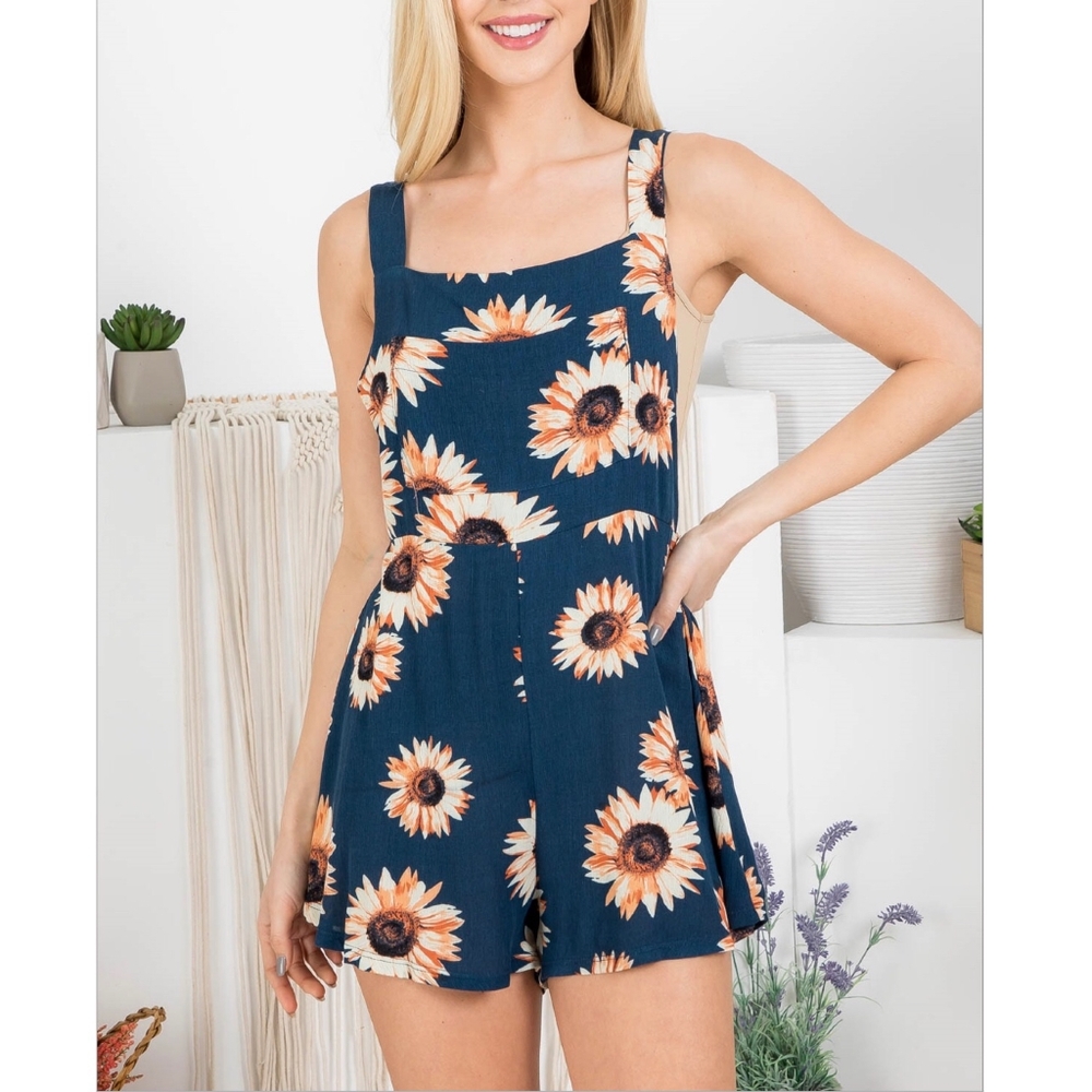 Adorable Romper Overalls In A Sunflower Print - Picture 5 of 6
